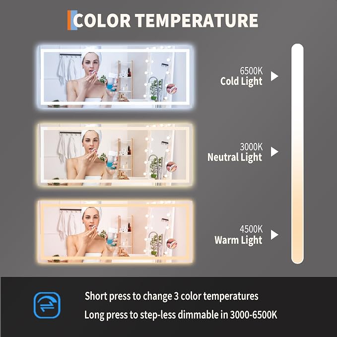 Large LED Bathroom Mirror 60x36 Inch - Frontlit & Backlit Frameless Wall Vanity Mirror with Stepless Dimming, Adjustable Color Temp, Anti-Fog Defogger, Smart Memory & 3X Suction Mirror, Sha
