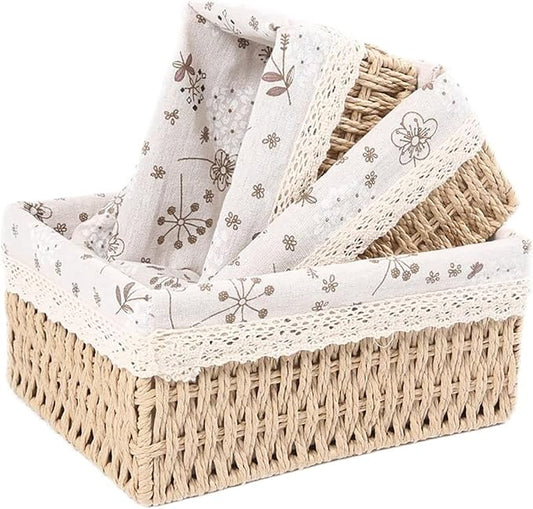 YRHOME YRMT Storage Baskets Set of 3,Decorative Paper Rope Woven storage Baskets with Liner,Rectangular Storage Bins Container for Makeup Bedroom Shelves Organizing,Home Deco, Beige