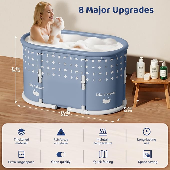 Portable Bathtub, Foldable Bathtub 37.4x21.6x21.6in, White Brown Stripes) | Inflatable Bathtub Free Standing Tub with 2 Drain Ports, Space Saving, Hot Tub, Ice Bath Tub, Indoor Outdoor