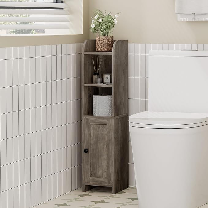 Homhedy Small Bathroom Storage Cabinet, Narrow Toilet Paper Cabinet | Corner Floor Cabinet with Door and Shelves, Slim Bathroom Cabinet for Small Spaces, 7.9" D x 7.1" W x 31" H, Greige
