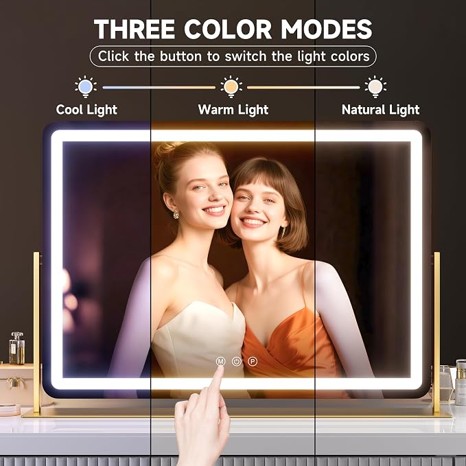 Hasipu Extra Large LED Vanity Mirror 25" x21” - Makeup Mirror with 10X Magnification, Phone Holder, USB Charging & Smart Touch 3-Color Lighting (Gold)