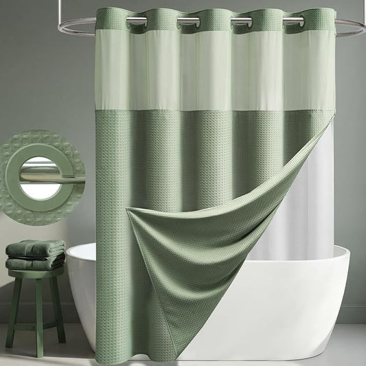 Sage Green Hook Free Waffle Shower Curtain & Snap-in Liner,72x75 | Less Time to install, 3 in 1 Fabric Shower Curtain and Liner Set with Magnets, Mesh Top Window, Shower Curtains for Bathroom