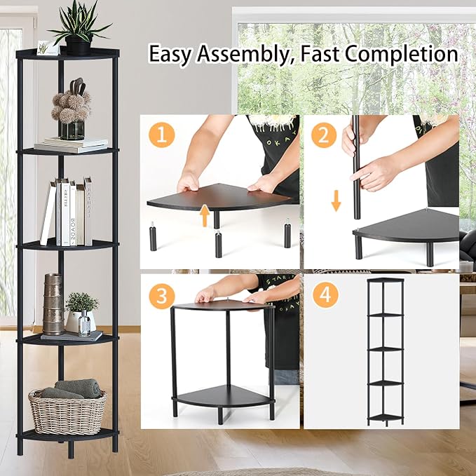 SUNMORY 5 Tier Corner Shelf, 65" Tall Corner Shelves for Living Room Decor | Wall Corner Bookshelf, Industrial Display Shelf, Multi Unit Organizer, Narrow Plant Stand for Bedroom Bathroom Small Space