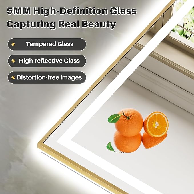96X36 Inch LED Bathroom Mirror with Gold Frame, Backlit & Front Lit | Anti-fog, 3 Color Dimmable, Memory Function, HD Reflection Tempered Glass, ETL Listed, IP54 Waterproof