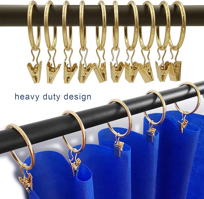 40 Pack Metal Curtain Rings with Clips, Drapery Clips Hooks, Decorative Curtain Rod Clips 1.5 in Interior Diameter, Gold