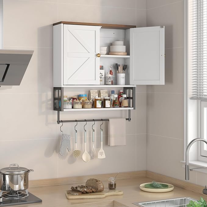 Wall Mounted Bathroom Storage Large Farmhouse Medicine Cabinet | 2 Doors & Adjustable Shelves 5 Hooks, 3-Tier for Over-Toilet, Laundry, Living, Bedroom, Kitchen, Space Saving