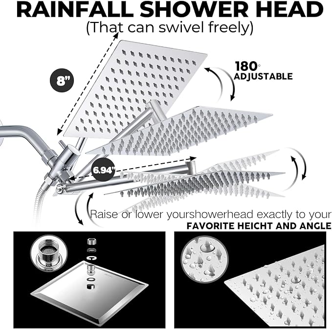 Filtered Shower Head,8 Inch Rain Shower Head with Handheld Spray Combo, Adjustable High Pressure Rainfall Shower Head, Dual Showerhead Set with Extension Arm and 60 Inch Long Shower Hose