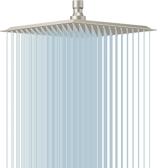 10" Rain Shower Head High Pressure Rainfall Shower Head Brushed Nickel | Square Rain Bathroom Showerhead, High Flow, Large Stainless Steel, Ceiling Mounted, Wall Mounted, Waterfall Full Body