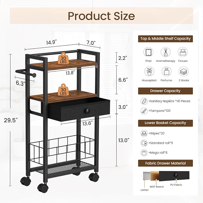 Snughome Freestanding Toilet Paper Holder with Storage Drawer, 4-Tier Rolling Toilet Paper Holder Stand with Wheels, Shelf & Basket, Bathroom Magazine Rack for Phone & Extra Rolls (Rustic Brown)