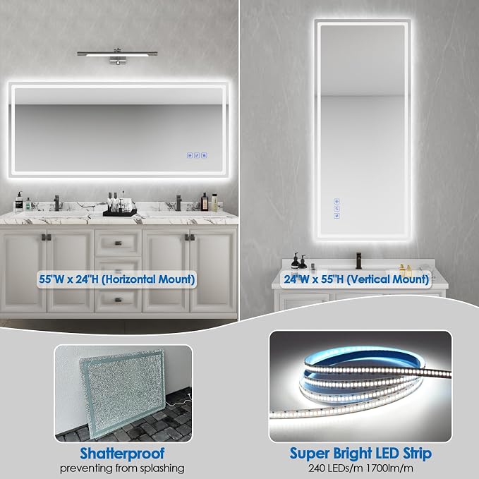 ROVOGO 55"x24" LED Bathroom Mirror with Lights, Fogless, Wall Mounted | Ideal for 60" Vanities, Dimmable Backlit Mirror 3 Color Temperature, Memory Function, Lighted Vanity Wall Mirror Shatterproof