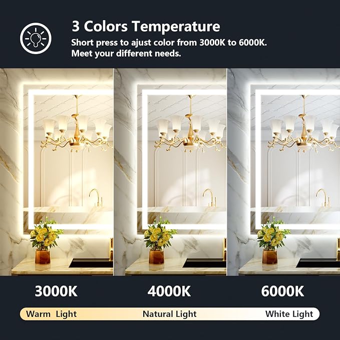 44x30 Inch LED Bathroom Mirror with Lights Front and Backlit Lighted Vanity Mirror for Bathroom Wall with 3 Colors Dimmable Anti-Fog Memory Shatter-Proof IP54 Waterproof Horizontal/Vertical