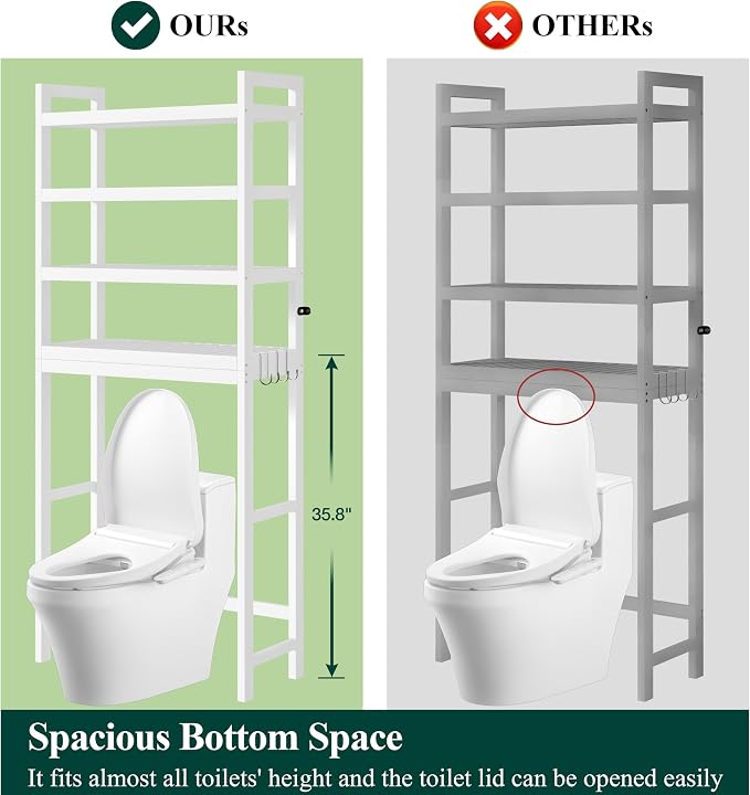Smiry Bamboo Over The Toilet Storage Cabinet, 4 Tier, White | Wooden Bathroom Organizers with Adjustable Shelf & 4 Hooks, Space Saving Shelf Rack for Bathrooms, Laundry Room, Balcony