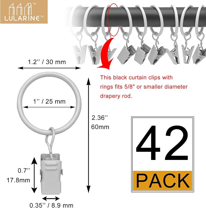 42 Pack Curtain Rod Clip Rings,1" Interior Diameter(Compatible with up to 5/8" Curtain Rod),Metal Drapery Ring with Clips,Strong Decorative Drapery Window Ring with Hooks,Rustproof Vintage(White)
