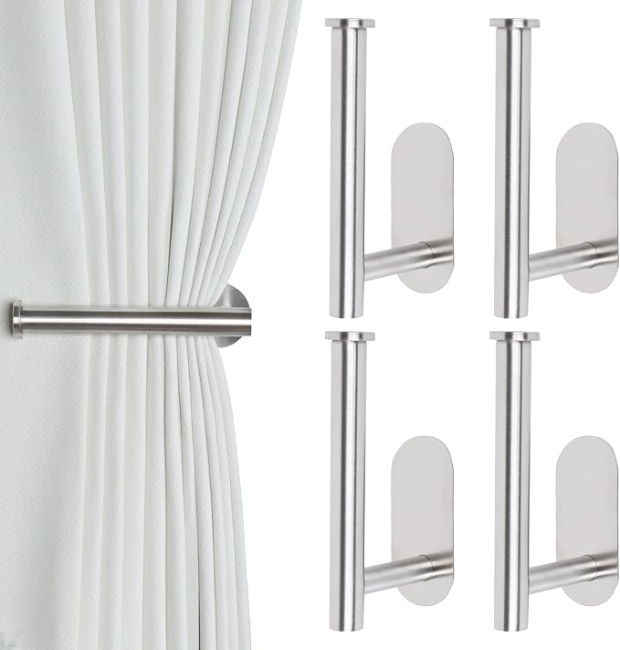 Groleca Adhesive Curtain Holdbacks - 4 Pack No Drill Tie Backs Hooks for Drapes, Damage-Free Wall Mounted Curtain Holders with Strong Adhesive (Silver) | No Drill Curtain Tie Backs Hooks for Drapes, Metal Curtain Holders, Damage-Free Wall Mounted, Stro...