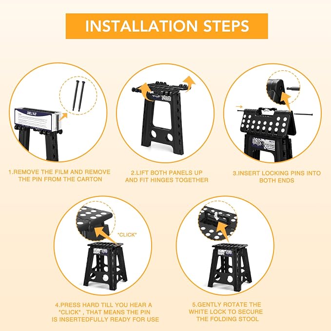 Delxo 16 Inch Folding Step Stool,Foldable Step Stool for Adults Black | Step Stool with Safety Lock,Portable Collapsible Step Stool,Non-slip Folding Stools for Kitchen Bathroom Bedroom Garden 1PC