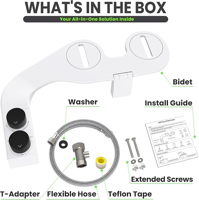 Toilet Bidet With Left/Right Side Reversible Design, Fresh Water, Non-Electric, Toilet Bidet Attachment, Right/Left Hand Side with Dual Nozzle, Self-Clean, Easy to Install (Black Knob)