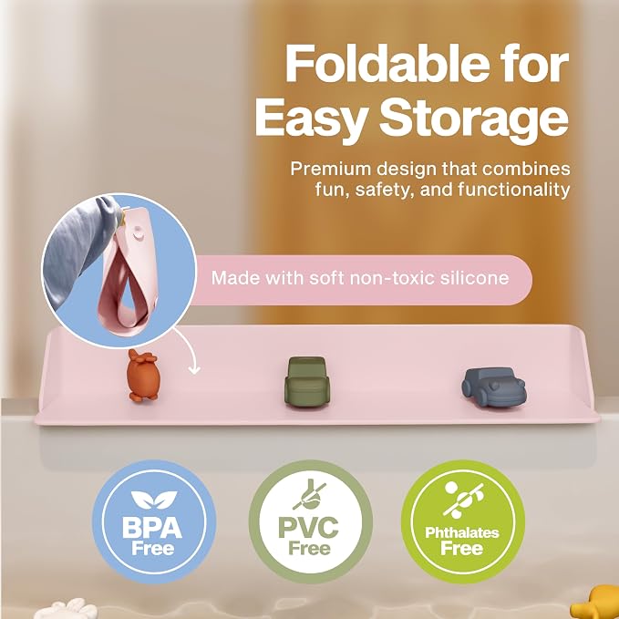 Original PlayPad, Bathtub Splash Guard Play Shelf - Toy Tray Caddy Holder Storage - Suction Cups Attach to Bath Tub - No Mess Water Spill in Bathroom for Toddlers Kids Baby (Pink)