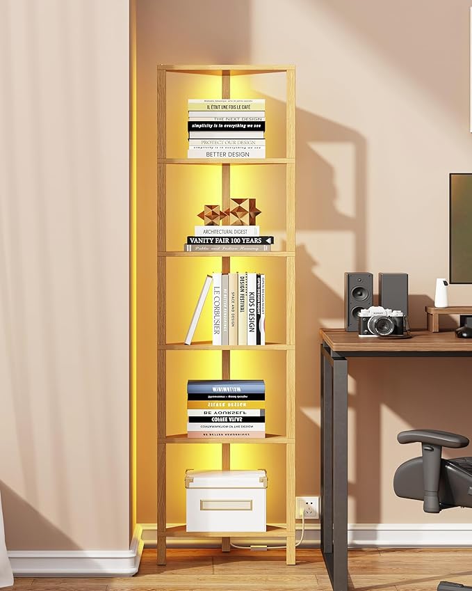 TUTOTAK Corner Shelf with LED Light, 6-Tier Corner Bookshelf | for Small Space, Narrow Display Corner Shelf Stand with Storage Rack, for Living Room, Bedroom, Natural BS05BN006L