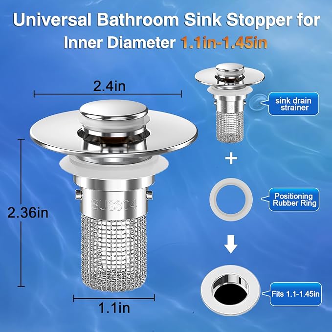 Bathroom Sink Drain Strainer, Pop-up Sink Drain Strainer with Removable Stainless Steel Strainer Basket Hair Catcher, Bathroom Sink Strainer for Bathroom Sink Stopper Replacement (3PCS)