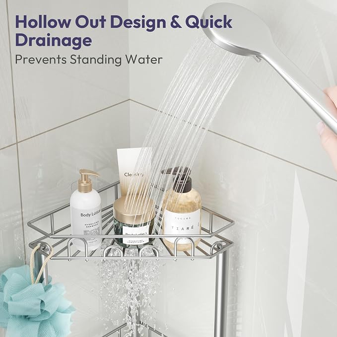 SWTYMIKI Standing Shower Caddy Corner - 4‑Tier Stainless Steel Shower Organizer Shelf with 12 Hooks and Adhesive Pads, Rustproof Corner Shelves Stand Rack for Bathroom Shower Room, Silver