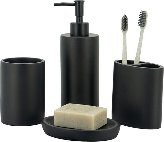 Bathroom Accessory Sets, 4 Pieces Bathroom Accessories Complete Set Vanity Countertop Accessory Set, Includes Lotion Dispenser Soap Pump, Toothbrush Holder and Tray (Matte Black Look Rounded)