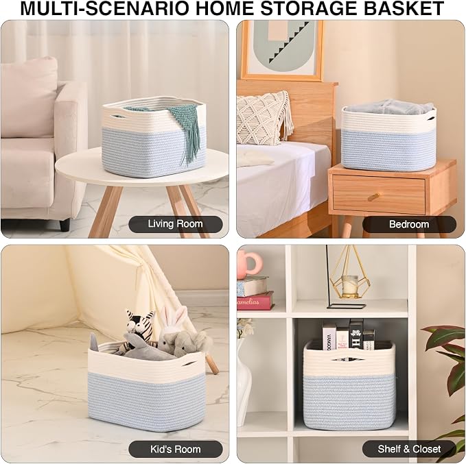 ICERZCZ Woven Cotton Rope Storage Basket for Organizing, Cute Decorative Baskets for Gifts Empty, Organizer Bins for Dog Toy, Baby Laundry, 15“×11”×9.5“, Off White & Blue