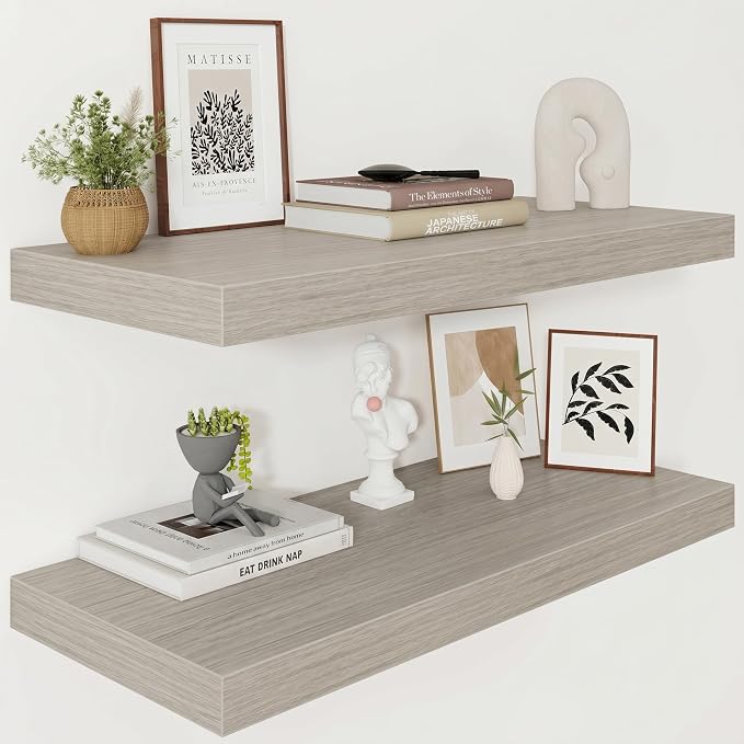 Vivelove 12 Deep Floating Shelves 30x12” Set of 2, Grey | Easy Install With Hardware, 2" Thick, Invisible Brackets, Wall Mounted, No Sagging, For Any Room