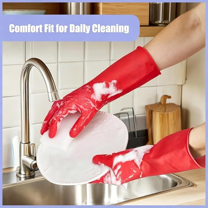 Rubber Kitchen Dishwashing Gloves - 4 Pairs Colorful Reusable Cleaning Gloves for Kitchen Washing Dishes and Household Cleaning(Large, Yellow+Red)