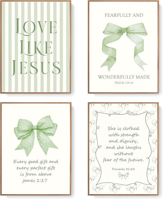 LARTSFRO Coquette Sage Green Bow Jesus Wall Art Decor Posters, Green Bow Room Bedroom Bathroom Wall Art Decor Aesthetic for Teen Girls Gifts, Inspirational Bible Verses Bow Wall Decor, 12x16 Inch Set of 4 Bow Pictures(UNFRAMED)