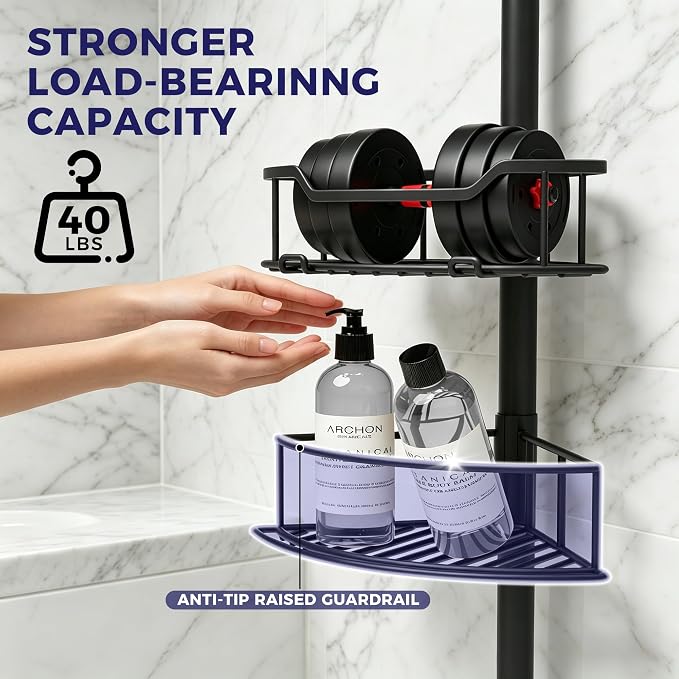 Corner Shower Caddy Tension Pole, 4-Tier Fan-Shaped Adjustable Rustproof Bathroom Organizer Shelves, 47"-125'', No-Drill Quick Installation for Inside Shower, Bathtub, Black (BLACK)
