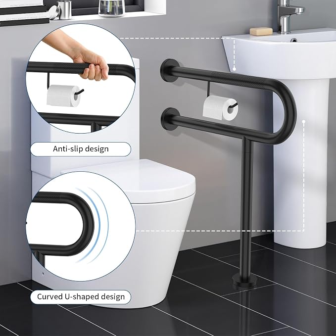 ZUEXT 24x28 Inch Matte Black Toilet Support Rail w/Toilet Paper Holder | Wall to Floor, Anti-slip Handicap Grab Bar, Stainless Steel Bathroom Safety Handrails with Leg, For Elderly Disabled Pregnant
