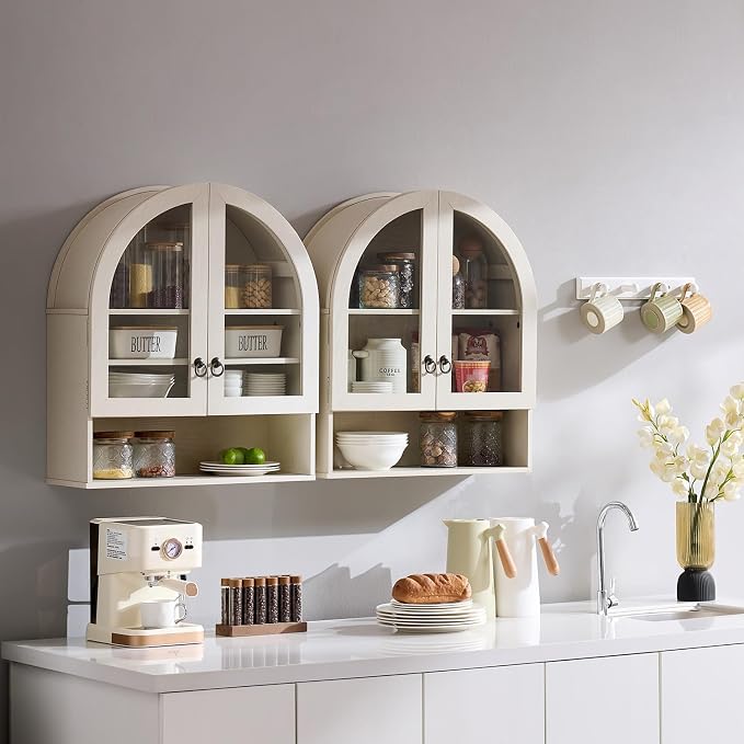 IFGET Bathroom Arched Wall Cabinet, 23.6'' Wide Medicine Cabinet with Adjustable Shelves & Acrylic Glass Doors, Over The Toilet Storage Wall Mount Cabinet for Laundry Room,Kitchen & Living Room, Cream