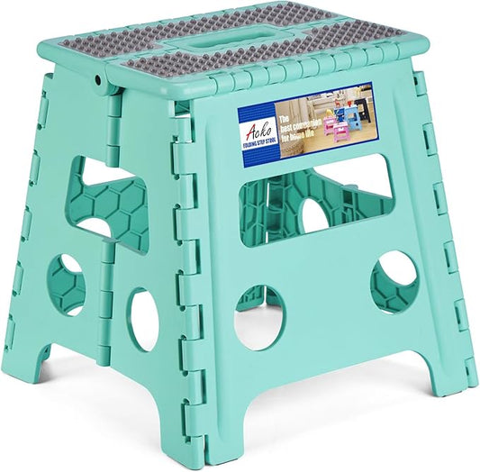 ACKO 13" Folding Step Stool, Non-Slip Surface for Adults & Kids, Dot Teal | Collapsible Heavy Duty Foldable Stools, Portable Foot Stepping Stool Holds 300 lbs, Kitchen Bathroom Outdoor, Built-in Handle