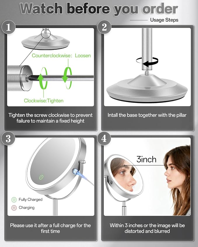 VFD 8'' 30X/1X Magnifying Makeup Mirror with Lights Height Adjustable | Lighted Vanity Mirror with 3 Color Adjustable Brightness, 3000mAh Rechargeable Double Sided Switch for Desk Women Gift