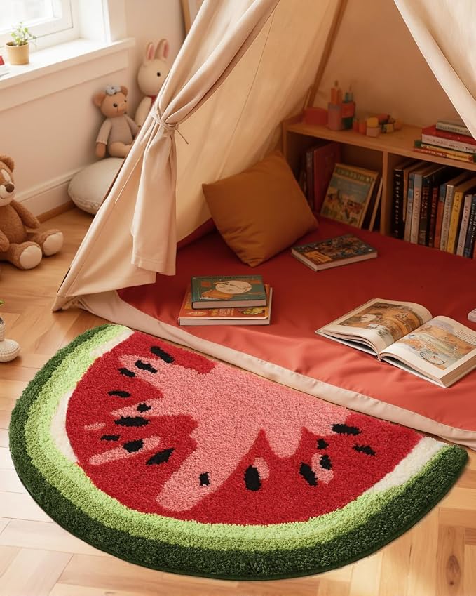 DEXI Cute Watermelon Bath Mat, Half Round Fruit Bathroom Rugs 36x20 | Soft and Absorbent Microfiber, Non Slip, Machine Washable Bathmat for Shower Floor, Bedroom, Kids Room, Home Decor