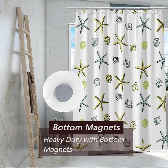 TIKABC Shower Curtain Liner, 4G PEVA Starfish Shower Liner, Plastic Waterproof Shower Curtains, 72x72 inch with Grommet Holes 3 Magnetic Weights