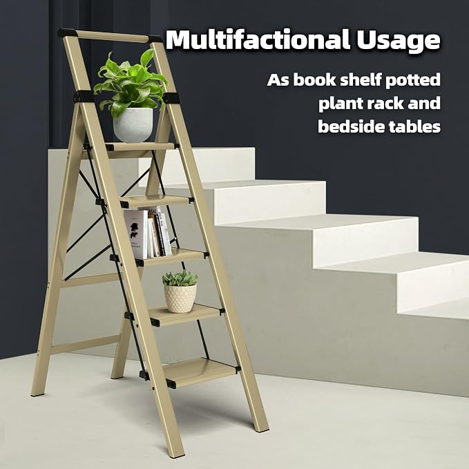 HillhutApex Aluminum 5 Step Ladder, Step Stool Foldable Ladder(Gold) | Stepladder with Handgrip,Anti-Slip Pedals,330lbs Capacity,Lightweight Folding Ladder for Home,Office,Libaray