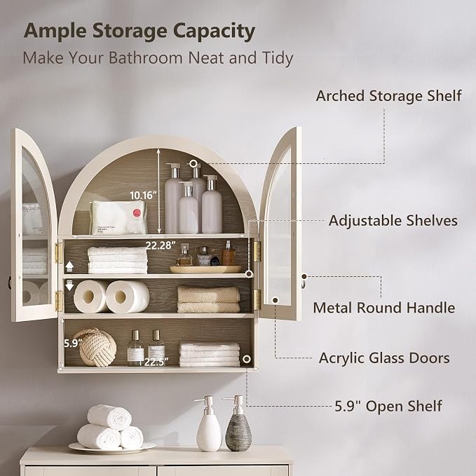 IFGET Bathroom Arched Wall Cabinet, 23.6'' Wide Medicine Cabinet with Adjustable Shelves & Acrylic Glass Doors, Over The Toilet Storage Wall Mount Cabinet for Laundry Room,Kitchen & Living Room, Cream