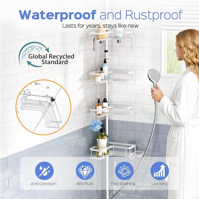 HAMITOR Shower Caddy Tension Pole: 4-Tier Corner Bathroom Organizer Shelf with Soap Holder & Hooks - No-Drill Adjustable Storage Rack for Apartment Renters - 47-123 Inch White