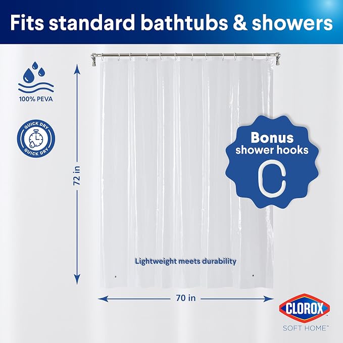 Clorox Shower Curtain Liner & Hooks, Premium Lightweight Flexible Waterproof 4g PEVA for Bathroom with Weighted Magnets, Standard Size 70" x 72", Clear 1 Pack