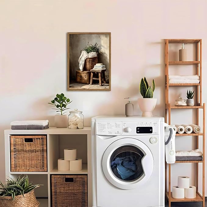 Vintage Laundry Room Wall Art Rustic Laundry Basket Bathroom Wall Decor Poster Country Farmhouse Wildflower Canvas Painting Print 24x16 inch Wood Framed
