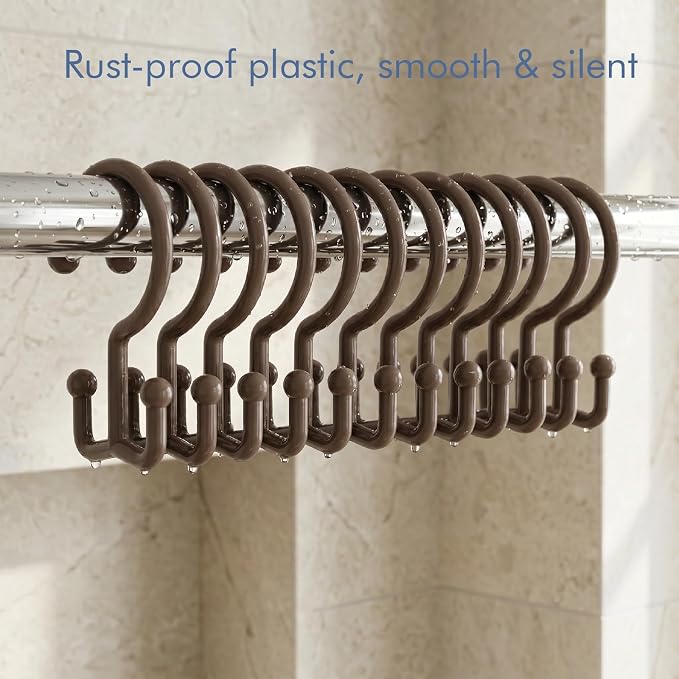 Bathway Brown Shower Curtain Hooks, 12 Plastic Double Shower Curtain Rings | Hang Both Shower Curtain & Liner, Waterproof, Rust-proof, Sturdy, Durable, Flexible, Multifunctional, Universal, Easy to Use