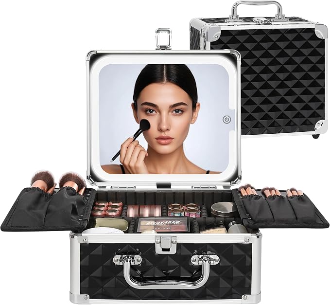 Relavel Makeup Bag with LED Mirror, Makeup Box Travel Train Case with Rechargeable Lighted Mirror, Cosmetic Brush Organizer Storage for Makeup Artists Gifts for Women and Girls (Black Quilted, Small)