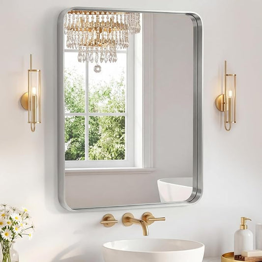 Sweetcrispy Bathroom Mirror 36x28 Inch, Vanity Mirror for Wall | Metal Framed Rounded Rectangle, Over Sink, Farmhouse, Restroom, Anti-Rust, Horizontal or Vertical Hanging, Silver