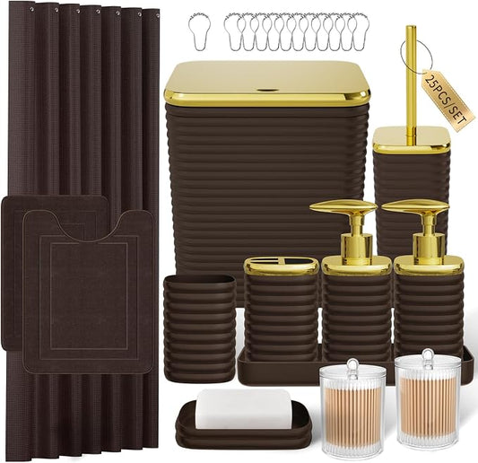 Bathroom Set - 25PC Bathroom Sets with Shower Curtain and Rugs, Brown Bathroom Set, Bathroom Accessory Set, Luxury Bathroom Accessories Set, Trash Can, Toilet Brush, Soap Dish & Soap Dispenser