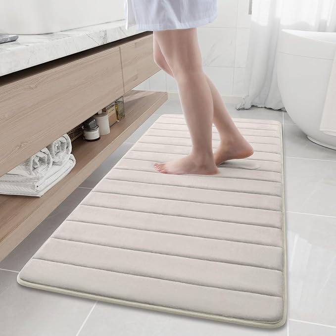 Buganda Memory Foam Bath Mat 60 x 24, Ultra Soft Absorbent Bathroom Rugs | Cream, Machine Washable Quick Dry Bath Mats for Bathroom Floor, Shower and Tub, Home Decor Accessories