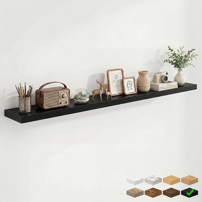 Marsmiles 9.25in Depth 72in Floating Shelves, 72x9.25x1.4, Black, Set of 1 | Long Wall Mounted Engineered Wood Shelves for Wall with Invisible Brackets for Living Room, Bedroom, Bathroom, Kitchen