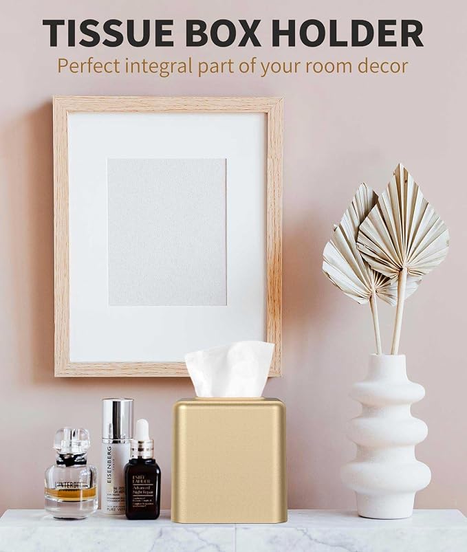 Livelab Tissue Box Cover, Square Metal Tissue Box Holder Modern Decor Facial Napkin Holder Tissue Box Dispenser for Bathroom Vanity Countertop, Living Room, Bedroom, Office - Gold