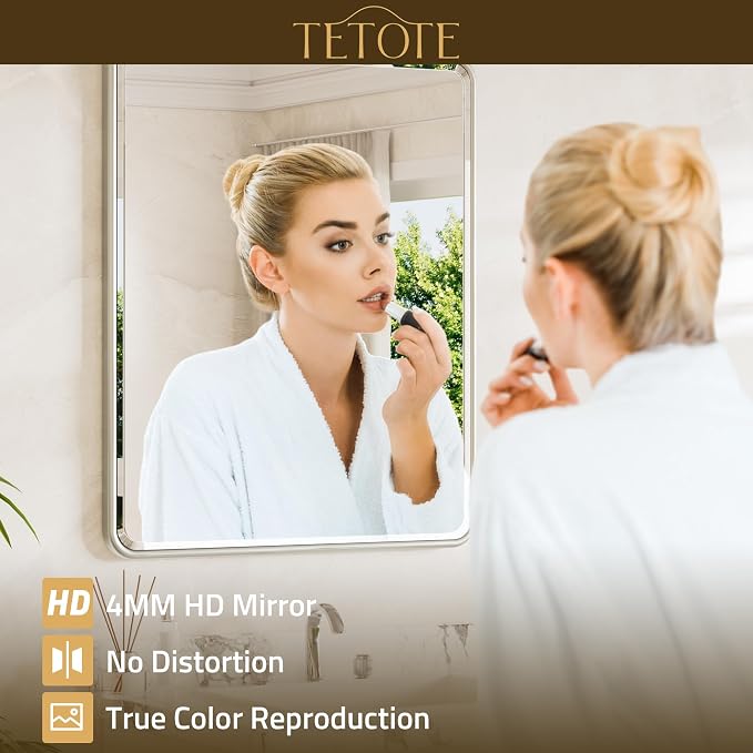 Brushed Nickel Mirrors for Wall 30 x 36 Beveled Edge Tempered Glass, Rounded Corner Rectangle Framed Mirror for Modern Bathroom, Living Room, Bedroom, Entryway