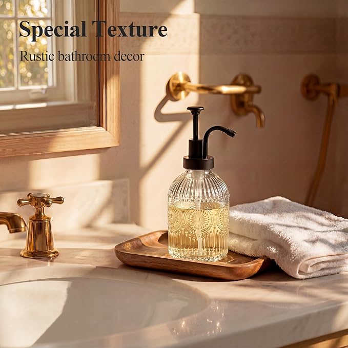 SheeChung 12oz Vintage Glass Soap Dispenser with Black Pump, Clear, 1 Pack | Refillable Dish and Hand Soap Dispenser for Bathroom Kitchen, Rustic Liquid Lotion Bottle,BPA-Free,Funnel,Mat,Farmhouse Decor